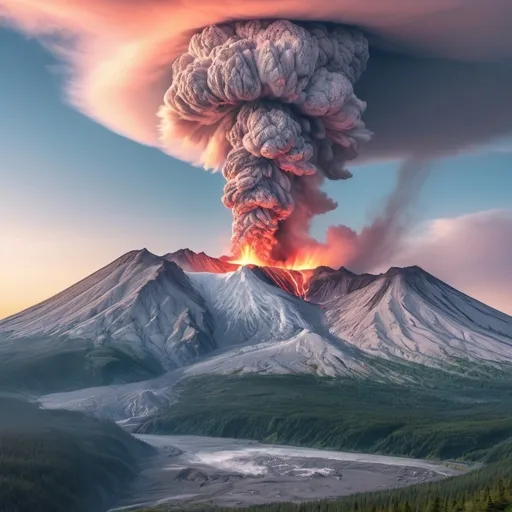 Prompt: Mt. St. Helens erupting in a retro pastel dreamscape, silver linings, high detailed eruption, 300 ppi, professional lighting, volcanic eruption, dreamy pastel, silver linings, highly detailed, surreal, retro, easter egg swatch, lava flow, volcanic ash, mountain landscape, dreamy atmosphere, atmospheric lighting