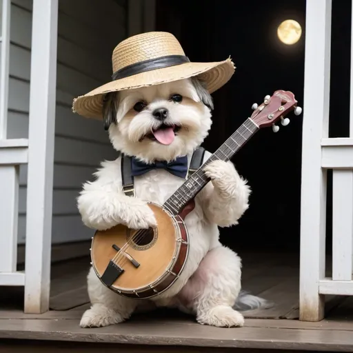 Prompt: A shitzu  in suspenders and a straw hat plays a banjo on an old woiden porch 
Smiling Animated, metallic,wet look.natural moonlight 