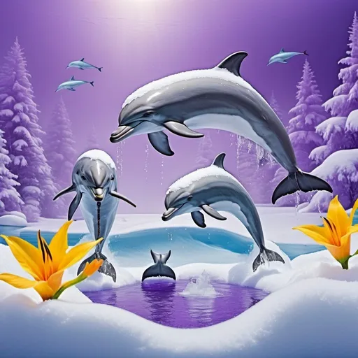 Prompt: animated, translucent dolphins are playing in a giant fild of fresh snow building a snowman with 12 violet and yellow birds of paradise assisting the dolphins, professional lighting, giant from lake, blue sheen, classical, jello texture,metallic trim,retro.