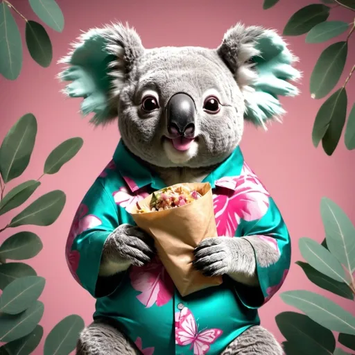 Prompt: animated,humorius, a gaint koala bear in a teal and pink hawaiian shirt is holding a half eaten burrito and chewing with his moth full,, metallic textures,minimalistic, even lighting,background giants eucalyptus trees cover in butterflyies with silk texture, monarch coller pallet.