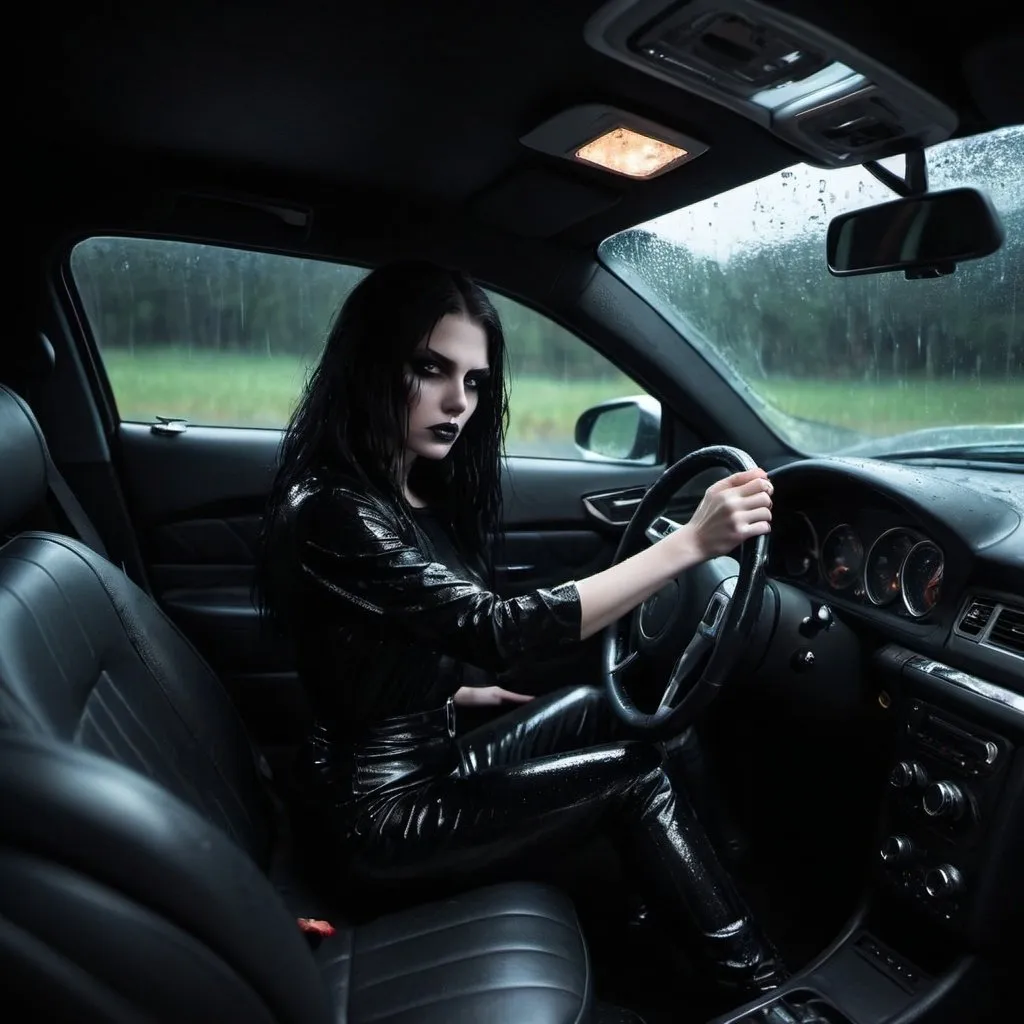 Prompt: Psychoticwitch  in black car ,inside,drives own dark road, lightening, screech, wet look, minimalistic. 