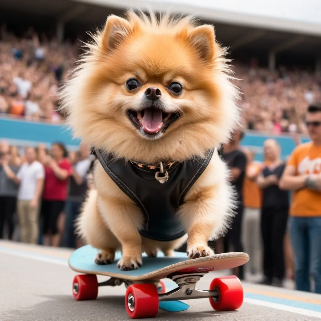 Prompt: A wild pomeranian with a leather spiked collar and a Mohawk is riding a skateboard on the halfpike. His tongue is hanging out and a stadium of people are cheering him on, minimalistic,animated, humorous.