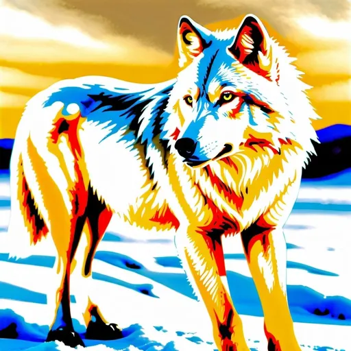 Prompt: A mejectic white wolf stands in a snowy windy plain, naturalistic, titanium white, Amarillo, beige swatch, highly detail, soft light shining down.