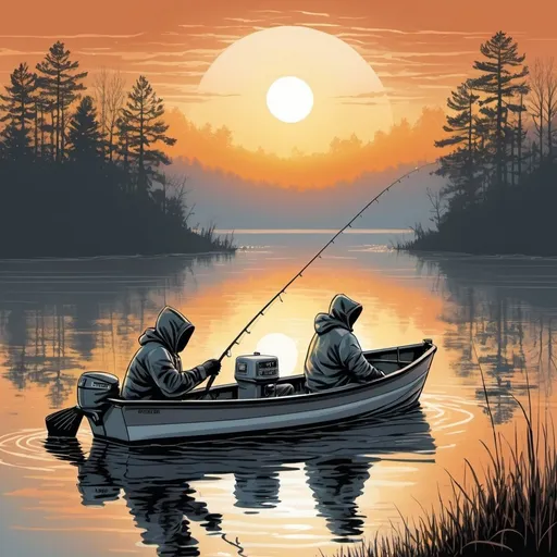 Prompt: Vector, metallic  textures, 2 fishermen in hoodies in a medium sized boat, are catching a crappie  at Sunrise.
