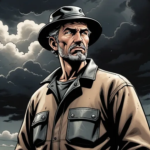 Prompt: A stoic comic book animated, fisherman on coveralls, with a black Shiney leather hat, background dark black clouds hints of beige,  animated, natural lighting,  foreground background  ratio large.
