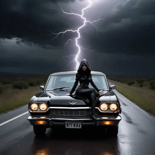 Prompt: Psychoticwitch  in black car ,inside,drives own dark road, lightening, screech, wet look, minimalistic. 