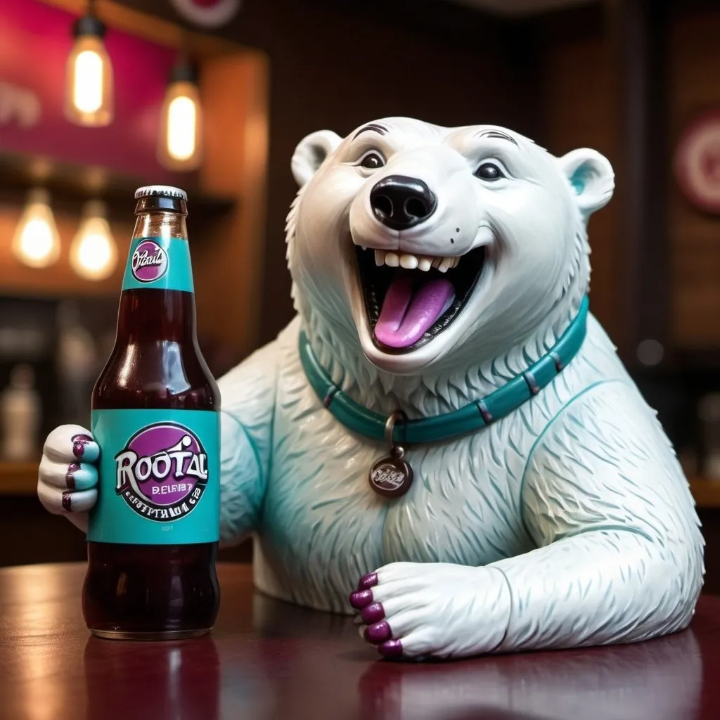 Prompt: A violet red and teal leather dressed Polar bear is laughing drinking rootbeer with a jovial seal, fun, highly detail,minimalistic,  soft lighting.