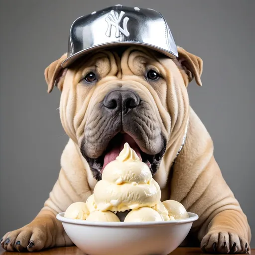 Prompt: a Shar Pei with a metallic grey baseball hat is eating a giant bowl of vanilla ice cream.