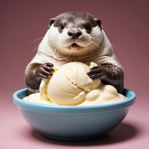 Prompt: A fat white morbidly obese otter plays in a bowl of melting vanilla ice cream, mininalistic