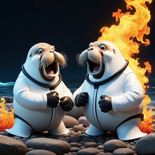 Prompt: Animated comedy,  2 walrus's in white scuba gear and scuba nasks, scuba tanks,snorkle are laughing while boxing, flaming grill,minimalistic, vibrant even lighting,background waves splasing on rocks.,highly detailed.