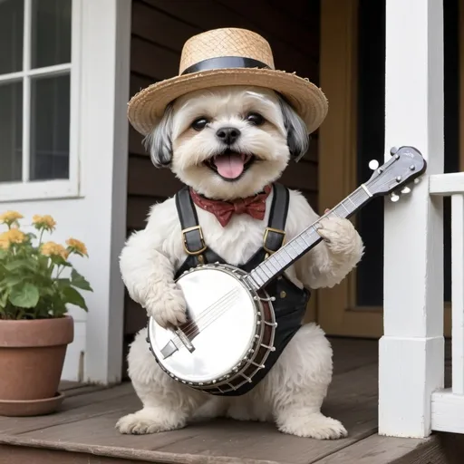 Prompt: A shitzu  in suspenders and a straw hat plays a banjo on an old woiden porch 
Smiling Animated, metallic,wet look.