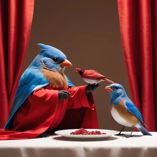 Prompt: Animated, a tempermental turquios bluebird is eating dinner with a cardinal bird in a red robe made of silk, minimalistic, professional lightibg,vackground red velvet curtians