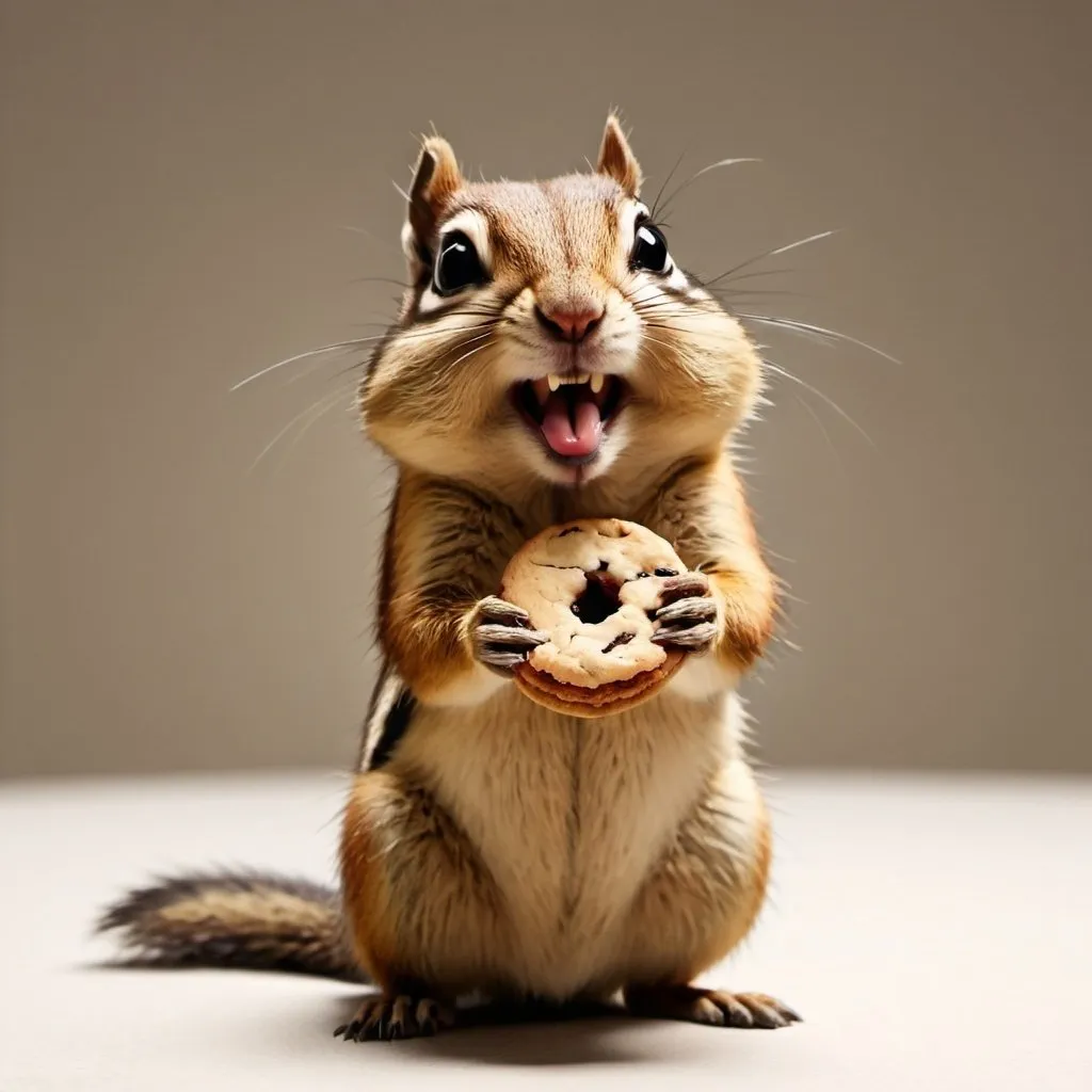 Prompt: Animated, extremely hungry chipmunk, devours a cookie.minimalistic, professional lighting. 