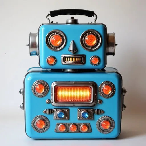 Prompt: Vintage robot, retro. Lunchbox style, metallic, detailed lights and button panels, complex neon blue eyes,detailed,wet look, night.