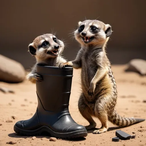 Prompt: A toothless meerkat is laughing at a racoon chewing on a black rubber boot, animated,humorius,even lighting,minimalistic.humorous.