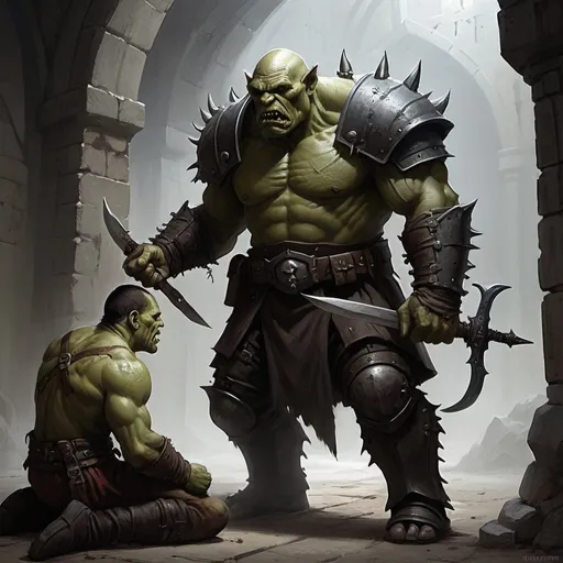 Prompt: A guard is taken prisoner by an orc, mid-evil, fantasy,Gothic, high detailed, crisp, minimalistic