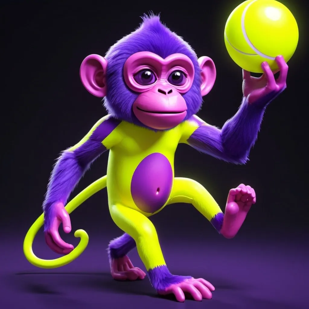 Prompt: Animated, a purple  monkey catches a neon yellow Frisby. Bright, crist tetro