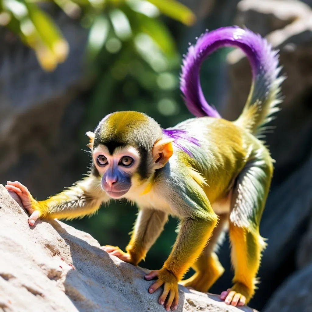 Prompt: metallic  violet squirrel monkey, looking down, dives off a cliff down, splashes on the ocean below, highly detailed, natural bright sunlight noon.Happy


