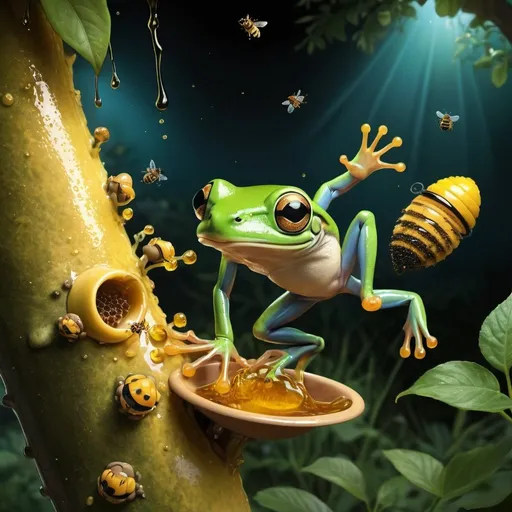 Prompt: Animated, A tree frog is eagerly leaping towards  a bee hive drippingvwith delicious honey, 100 bees are buzzing around,professional lighting, background jungle night, even soft lighting, highly detailed. green blue green and black swatch.