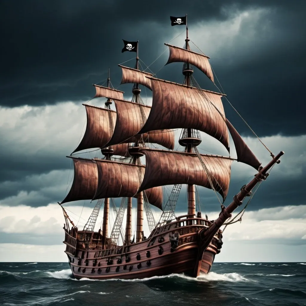 Prompt: 14th century pirate ship, mahogany wood, cherry wood trim, giant spruce mast, highly detailed sails, high contrast, metallic, shiny, stormy sea, stormy clouds, medieval, retro, high quality, detailed, contrasted lighting