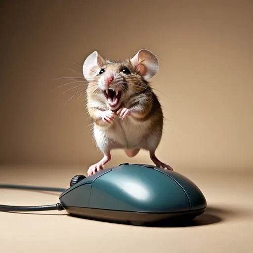 Prompt: A mouse is jumping on a st. Benard s stomach. Laughing, silly retro,minimalistic,  professional lighting. 