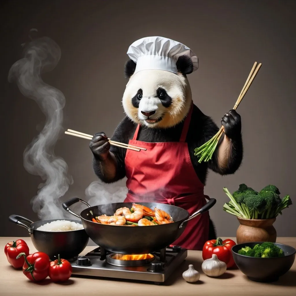 Prompt: A panda with a red chef hat and red apron is cooking shrimp and vegetables  in a wok. Retro,minimalistic, professional lighting. 