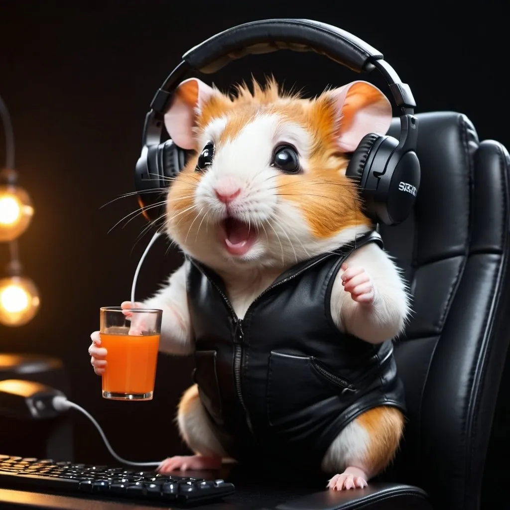 Prompt: Animated,funny, a hamster is gaming and yelling on his headset, quality game and monitor, black leather chair,  big drink, dark with game  srcreen lighting, excitement, large eyes.