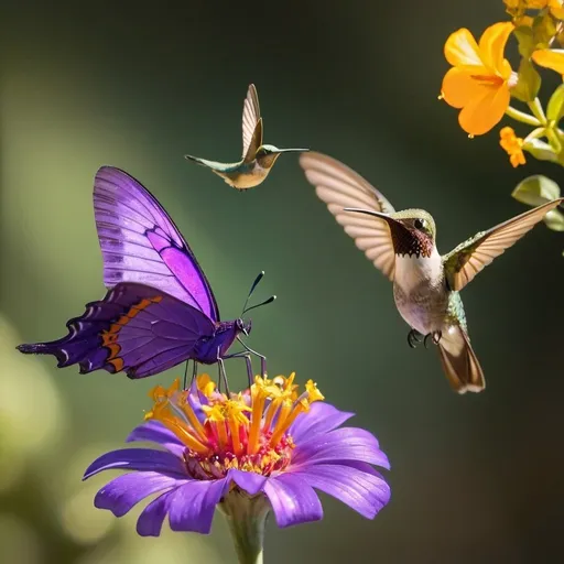 Prompt: A violet glass butterfly with gold antennas lands on a  phusia flower next to a hummingbird, afternoon lighting, no spotting, professional  overhead, metallic texture.