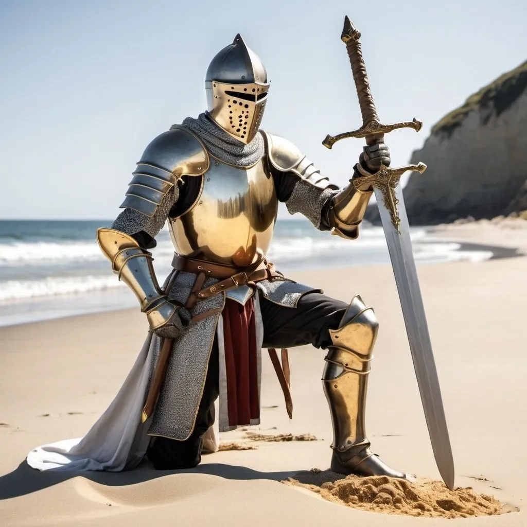 Prompt: a knight in bronze and silver yields a golden sword along a sandy beach