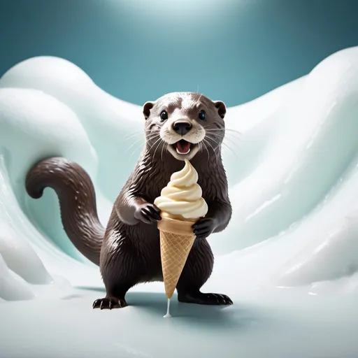 Prompt: A silver otter plays in a giant snowpack of vanilla ice cream.  Retro, minimalistic, arena lighting.