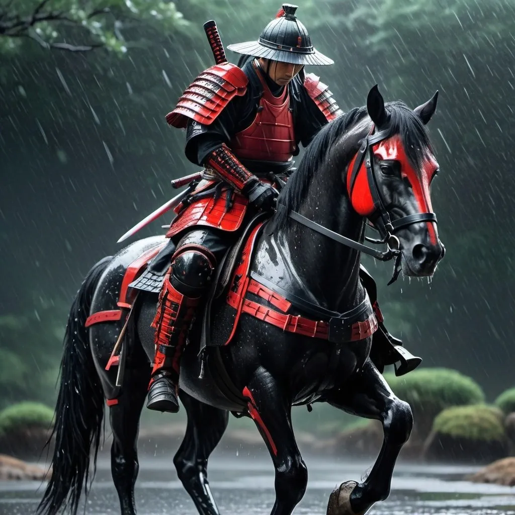 Prompt: A samurai  warrior in Shiney black and red armor looks down, yields a sword, looks down from  an armored horse in the rain, realistic ,minimalism, fine detail,metallic,wet look.