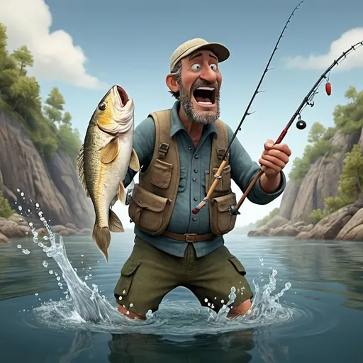 Prompt: A fisherman goes crazy as he drops his fish in the water, animated, humorous,  highly detailed.