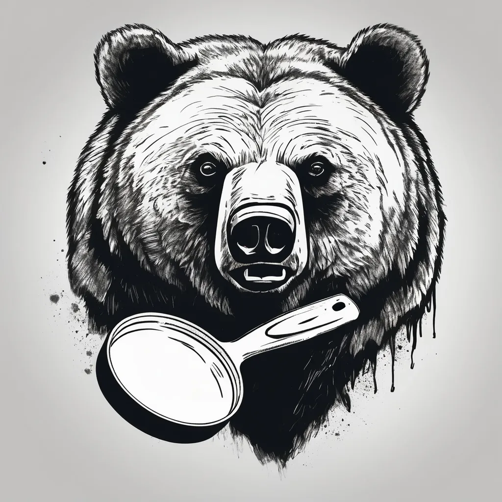 Prompt: head of grizzly bear with a frying pan peaking on the back of the bear (not as a background) like a weapon: sketch type to be used for a tattoo