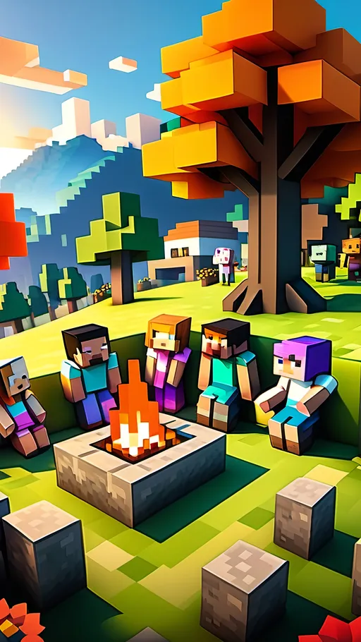 Prompt: (Minecraft scene), (happy characters) gathered around a warm fire, vibrant trees and colorful flowers surrounding them, rolling hills in the background, cheerful and inspiring atmosphere, ideal for 4th graders, ultra-detailed, lively expressions, playful ambiance, inviting colors, serene lighting, immersive environment, engaging and friendly vibe, perfect for young imaginations.