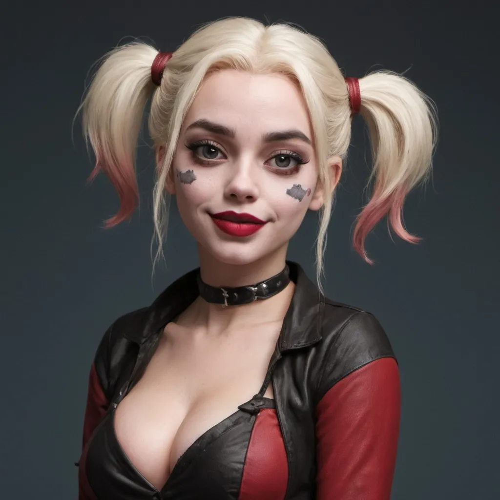 Prompt: Harley quinn com os traços e estilo estúdio ghibli, bem feito, detalhado. olhando para tela. com a pose da marylin monroe.