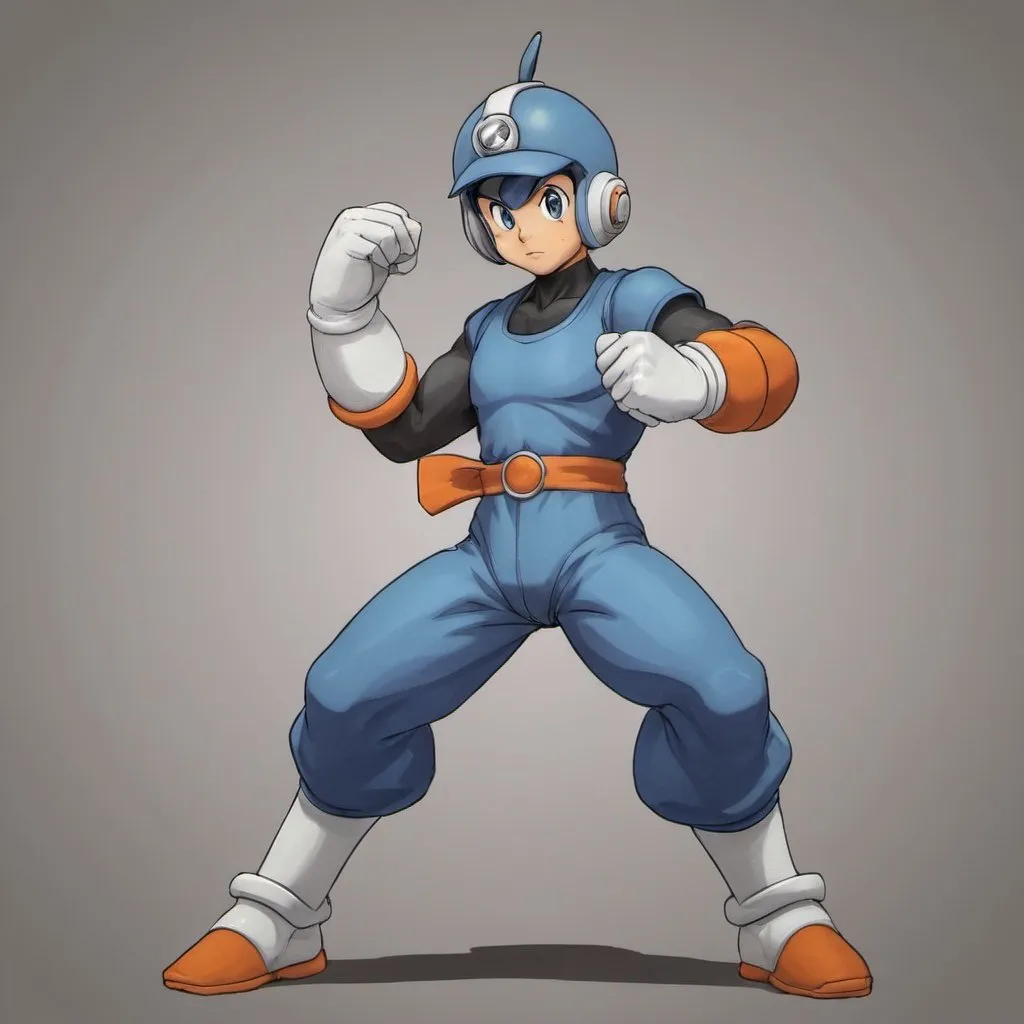 Prompt: 2d studio ghibli anime style e traço, coloração 2d, megaman capcom, full body shot in fighting stance, com cenário do torneio de artes marciais do dragon ball... 