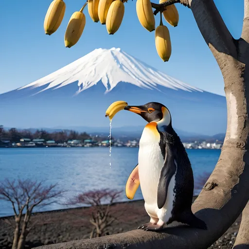 Prompt: a penguin sitting on a tree eating a banana with mount fuji behind it