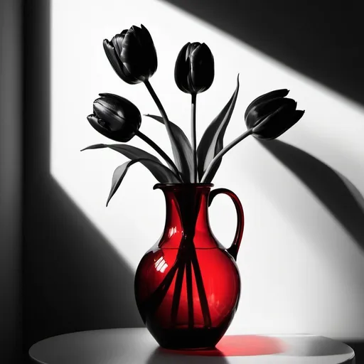 Prompt: line drawing of Black Tulips in red glass vase moody lighting low angle