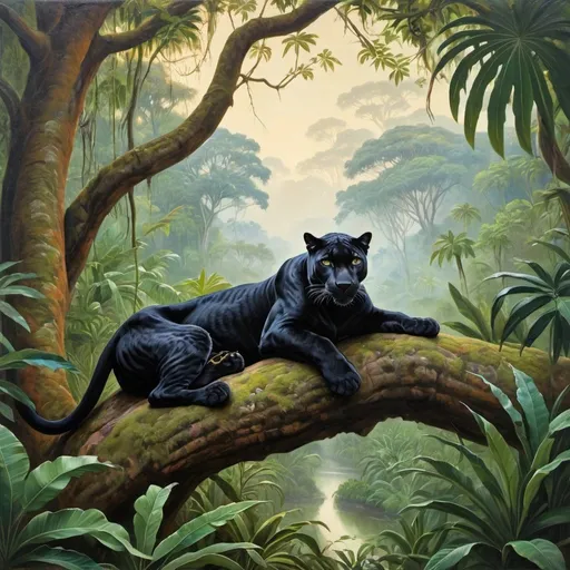 Prompt: Painting of jungle landscape with a panther relaxing regally in a tree in the background