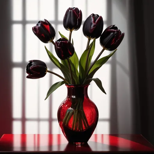 Prompt: Painting of Black Tulips in red glass vase moody lighting low angle