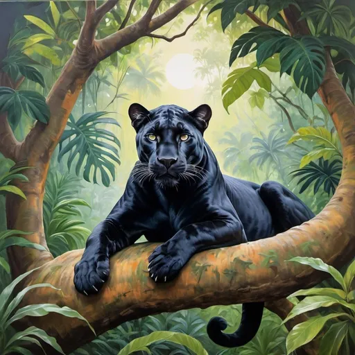 Prompt: Painting of regal panther on relaxing up in a tree in a lush jungle scene 