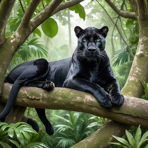 Prompt: A regal panther on relaxing up in a tree in a lush jungle scene 