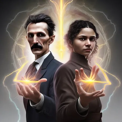 Prompt: photo realistic portrait of Nikola Tesla and a light brown skinned high priestess with intense eyes and glowing energy in the palm of her hand , ideal human, 85mm lens, f8, photography, ultra details, natural light, photo, Studio lighting