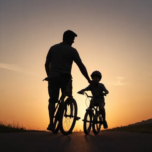 Prompt: Silhouette of a father guiding his son on learning how to ride a bicycle during sunset