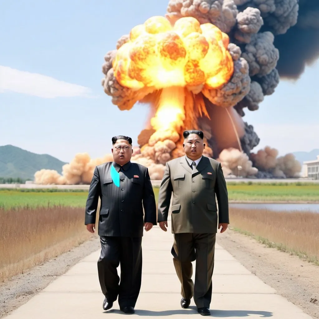 Prompt: Big nuclear explosion in the background.  Left guy looks great do not touch, the right guy must look like Kim Jong Un High quality