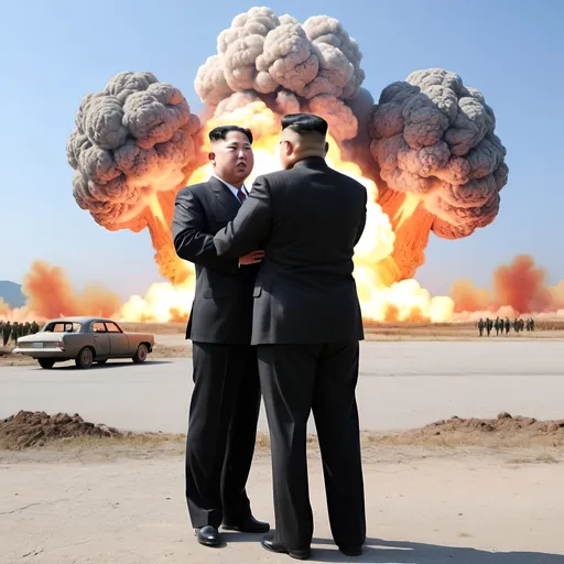 Prompt: Big nuclear explosion in the background.  Left guy looks great do not touch, the right guy must look like Kim Jong Un High quality