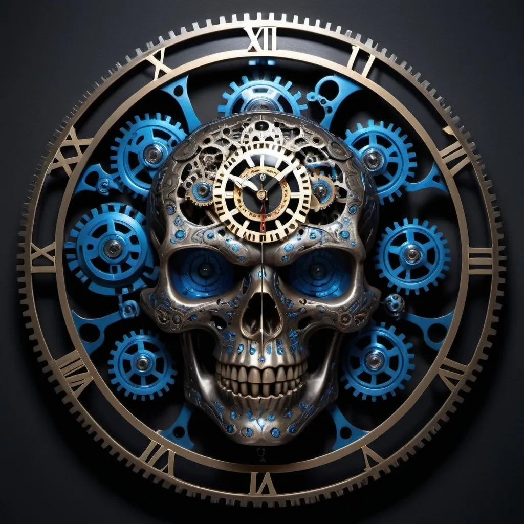 Prompt: Wall clock with a mechanic, skull, fierce blue eyes