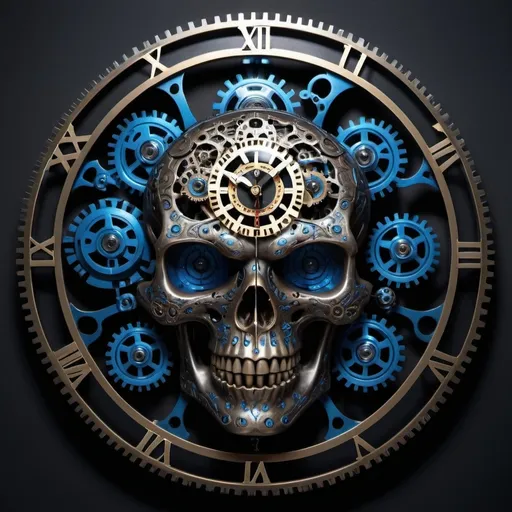 Prompt: Wall clock with a mechanic, skull, fierce blue eyes