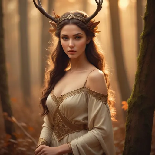 Prompt: Stunningly beautiful goddess of the hunt, striking pose, detailed facial features, highres, classical painting, warm tones, soft lighting, elegant attire, serene expression, ethereal beauty, forest backgrounnd