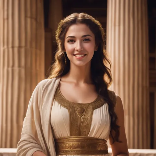 Prompt: Stunningly beautiful Greek temple Maiden, michevious smile, striking pose, detailed facial features, highres, classical painting, warm tones, soft lighting, elegant attire, serene expression, ethereal beauty